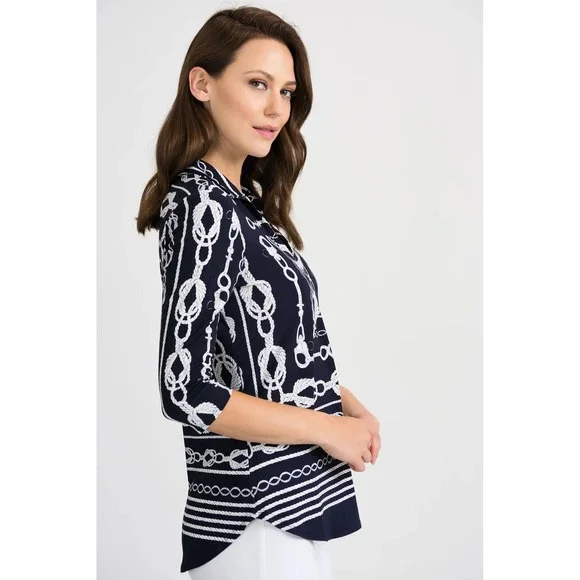 Joseph Ribkoff Nautical Rope V-Neck Top in Midnight Blue/Vanilla size 12 - Picture 2 of 14